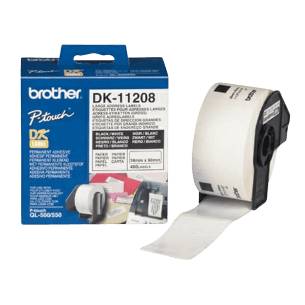 Brother DK11208 Svart text / Vit tejp 38 x 90 mm, 400 st. - Original
