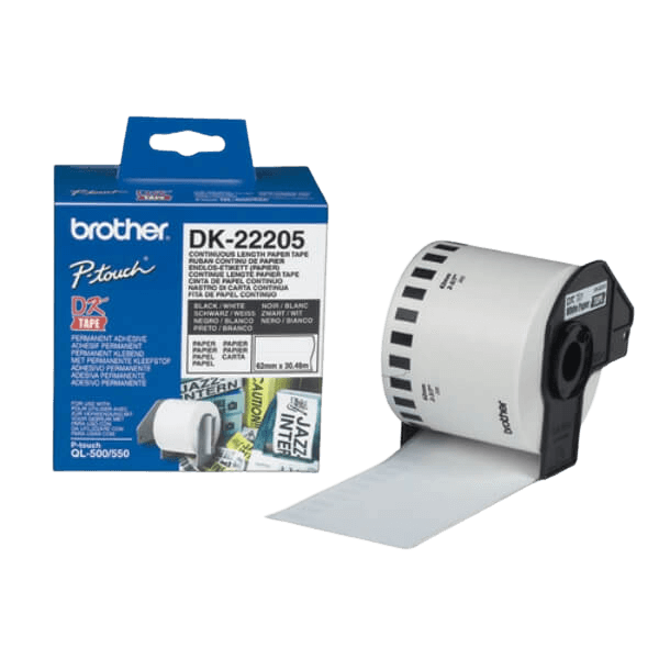 Brother DK22205 Vit 62mm x 30,48m adressetikett - Original
