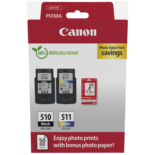 2970B017 Canon PG-510 + CL-511 + Papper CMYK Skrivarpatron - 9 + 9 ml. - Original