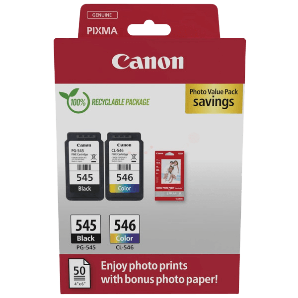 8287B008 Canon PG-545 + CL-546 + Papper CMYK Skrivarpatron - 8 + 8 ml. - Original