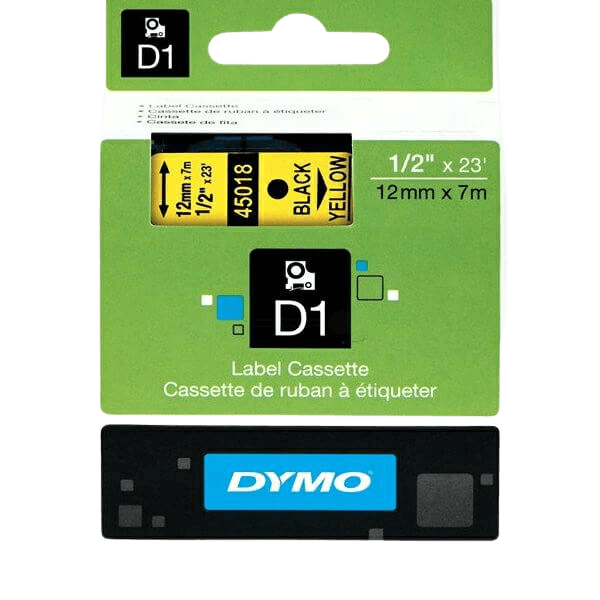 S0720580 Dymo D1 45018 Svart text / Gul tejp 12 mm x 7 m - Original