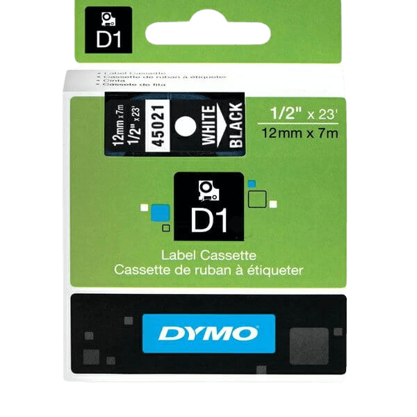 S0720610 Dymo D1 45021 Vit text / Svart tejp 12 mm x 7 m - Original