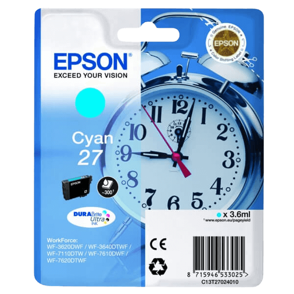 C13T27024012 Epson 27 cyan Skrivarpatron - 3.6 ml. - Original