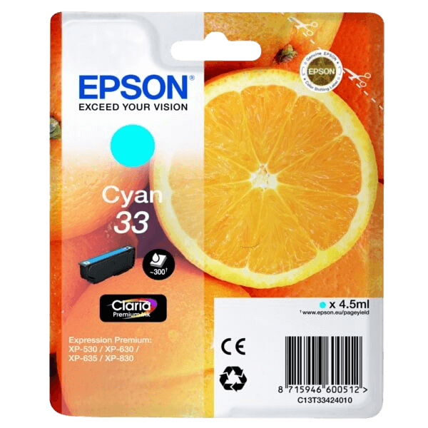 C13T33424012 Epson 33 cyan Skrivarpatron - 4,5 ml. - Original